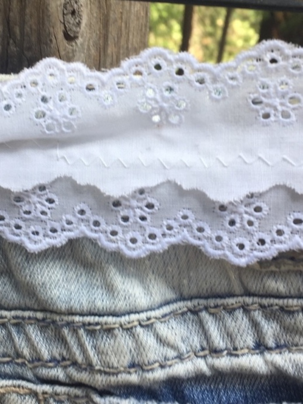 Hand Crafted Light Blue Denim Jean Shorts with White Lace & Red Rose Accents - Picture 4 of 11